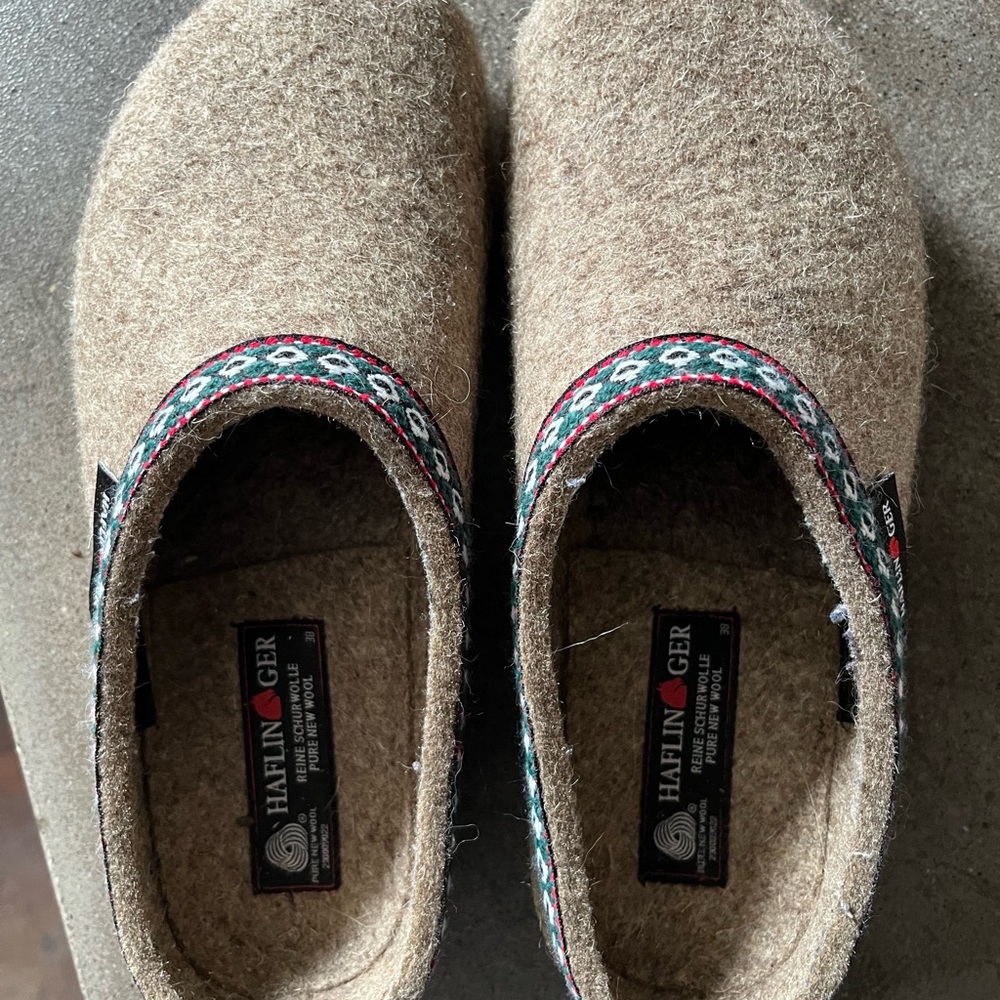 Haflinger Tan Wool Slippers with Patterned Trim